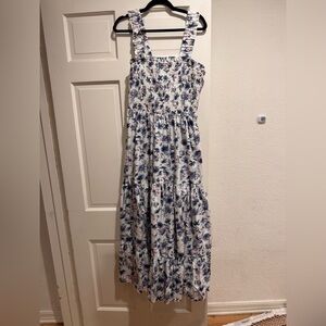 White & Blue Tropical Print Smocked Cotton Maxi Dress